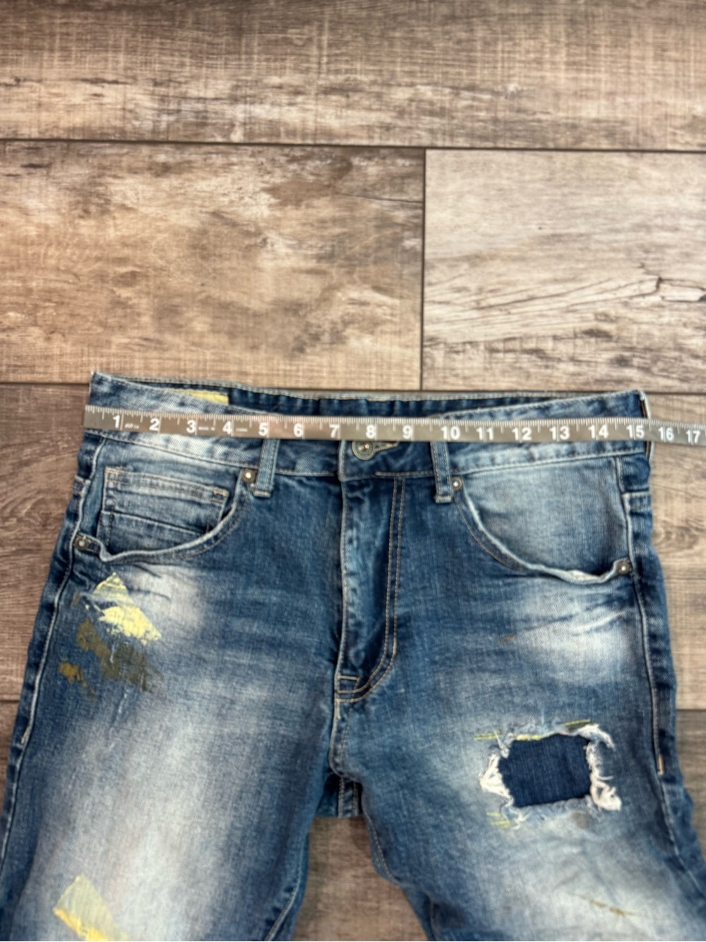 Men's Skinny/Strt Distressed Blue Paint-Detail Jeans Sz 32 - Picture 7 of 11